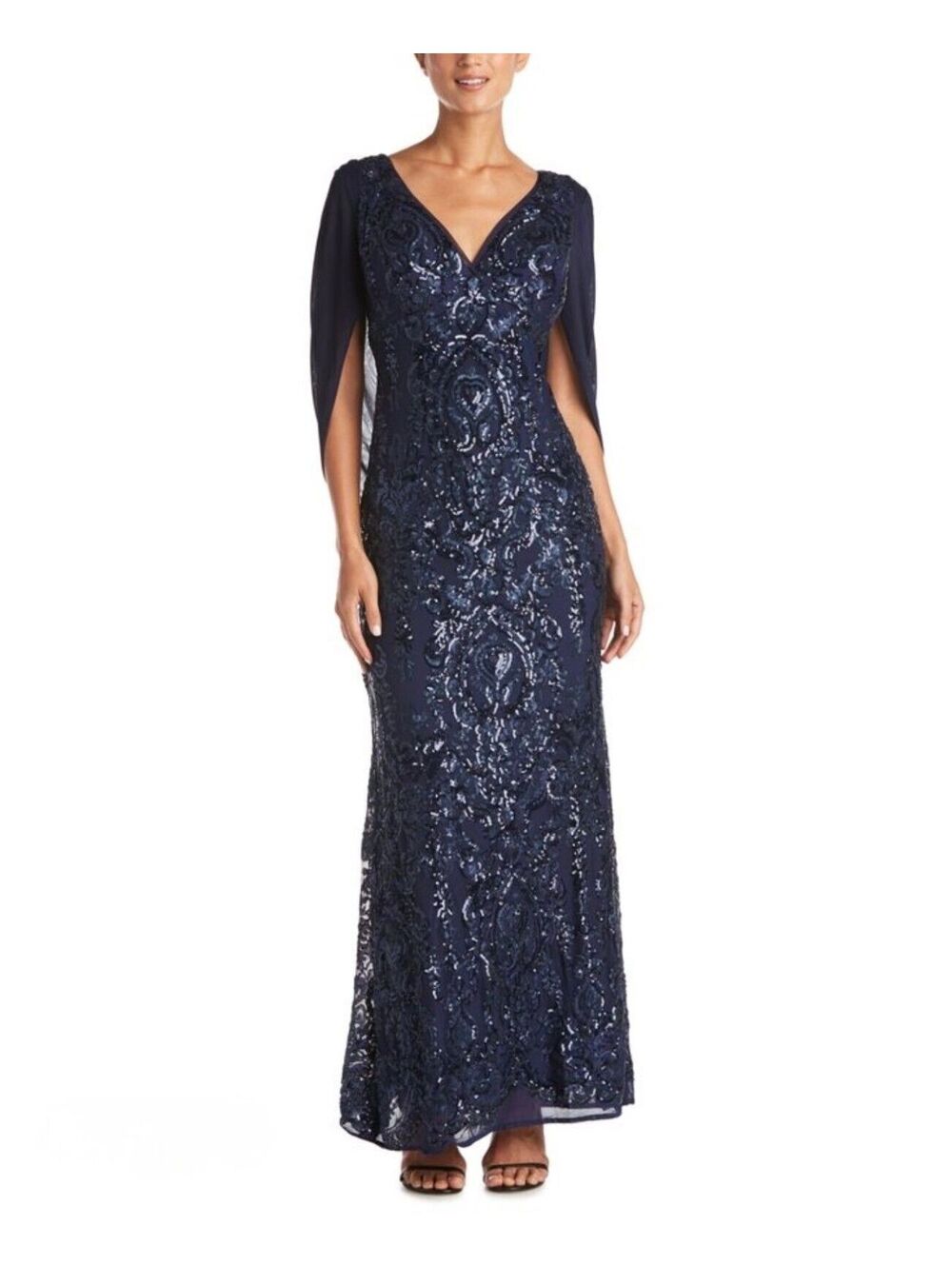 R&M Richards Navy Sequins V-Neck Mystique Veil Gown Women Size 14